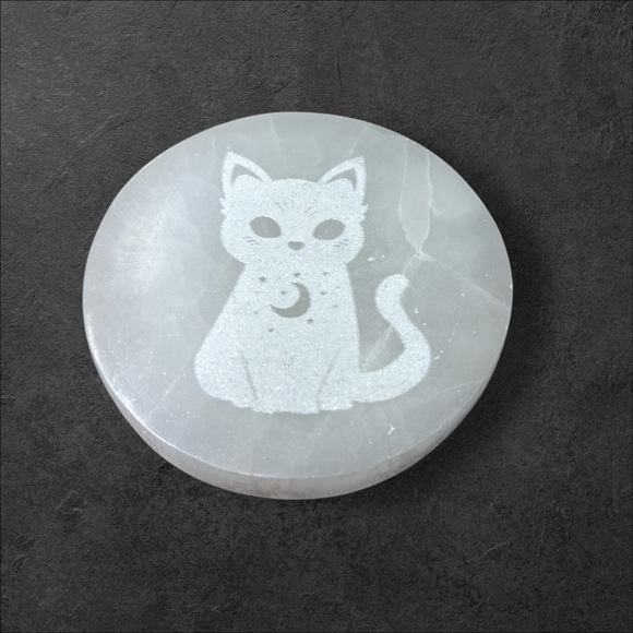 Large Natural Selenite Satin Spar Cat Moon Coaster Charging Decor Plate - Picture 1 of 4